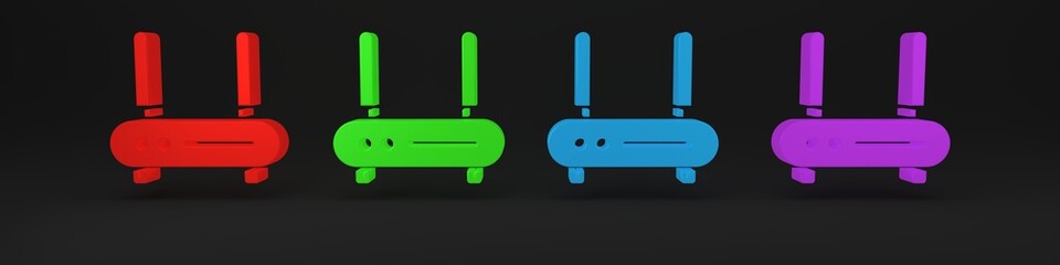 Colorful Router and wi-fi signal icon isolated on black background. Wireless ethernet modem router. Computer technology internet. Minimalism concept. 3D render illustration