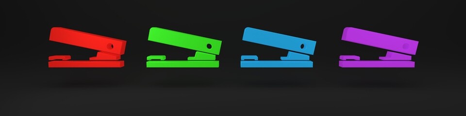 Colorful Office stapler icon isolated on black background. Stapler, staple, paper, cardboard, office equipment. Minimalism concept. 3D render illustration