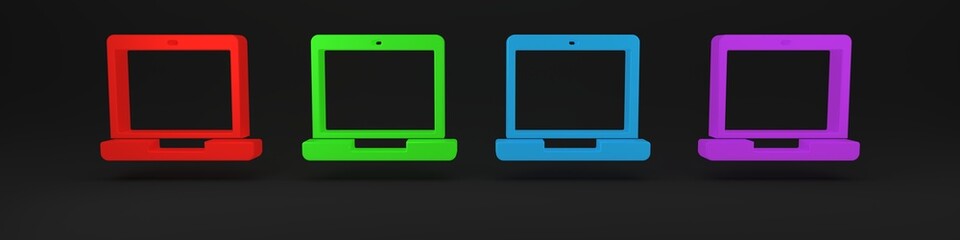 Colorful Laptop icon isolated on black background. Computer notebook with empty screen sign. Minimalism concept. 3D render illustration