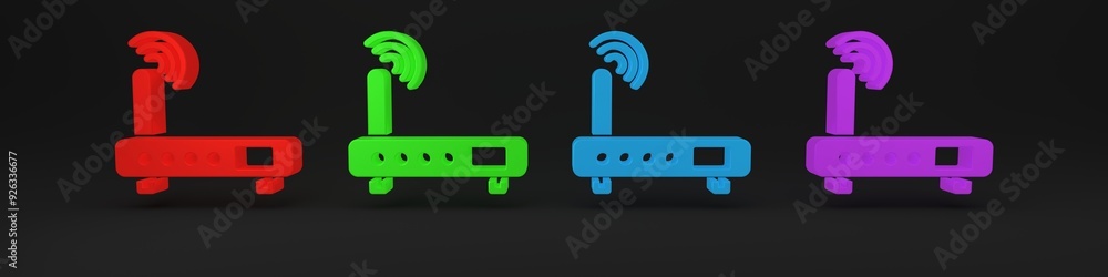 Poster colorful router and wi-fi signal icon isolated on black background. wireless ethernet modem router. 