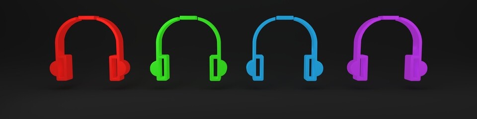 Colorful Headphones icon isolated on black background. Earphones. Concept for listening to music, service, communication and operator. Minimalism concept. 3D render illustration