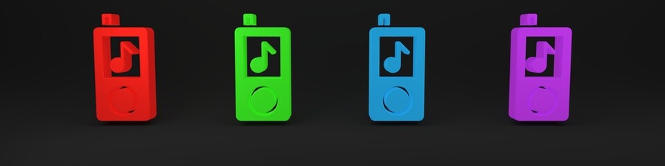 Colorful Music player icon isolated on black background. Portable music device. Minimalism concept. 3D render illustration