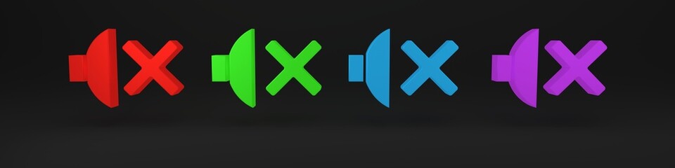 Colorful Speaker mute icon isolated on black background. No sound icon. Volume Off symbol. Minimalism concept. 3D render illustration