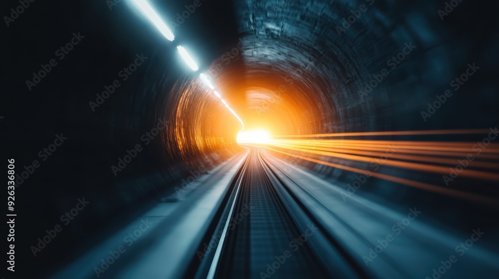 Poster a high-speed train rushes through a dark tunnel with motion blur lines and bright lights, creating a