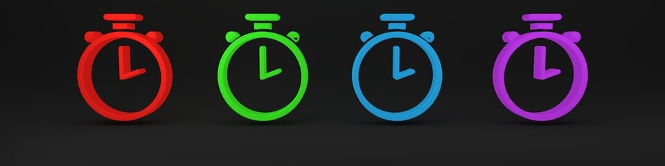 Colorful Stopwatch icon isolated on black background. Time timer sign. Chronometer sign. Minimalism concept. 3D render illustration