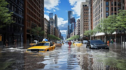 Cars and pedestrians navigate through a flooded city street under a clear blue sky