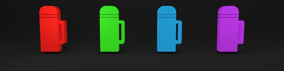 Colorful Thermos container icon isolated on black background. Thermo flask icon. Camping and hiking equipment. Minimalism concept. 3D render illustration