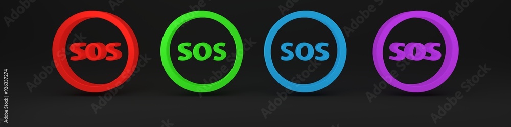 Poster colorful location with sos icon isolated on black background. sos call marker. map pointer sign. min
