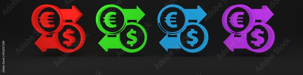 Wall mural Colorful Money exchange icon isolated on black background. Euro and Dollar cash transfer symbol. Banking currency sign. Minimalism concept. 3D render illustration