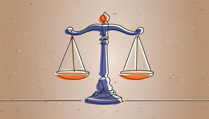 continuous line drawing of law balance and scale of justice. Symbol of equality and equilibrium concept and logo firm in simple linear style. Libra thin icon.