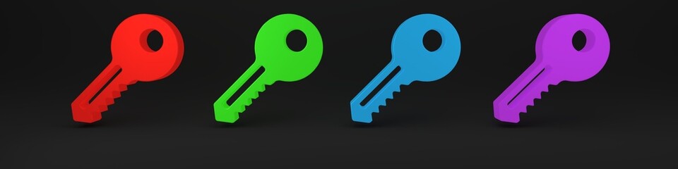 Colorful Key icon isolated on black background. Minimalism concept. 3D render illustration