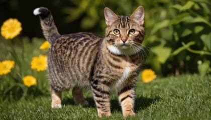 A curious tabby American Bobtail cat with expressive eyes rests on the grass in a garden, surrounded by lush leaves, capturing a moment of calm in a natural environment