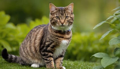 Fototapeta premium A curious tabby American Bobtail cat with expressive eyes rests on the grass in a garden, surrounded by lush leaves, capturing a moment of calm in a natural environment