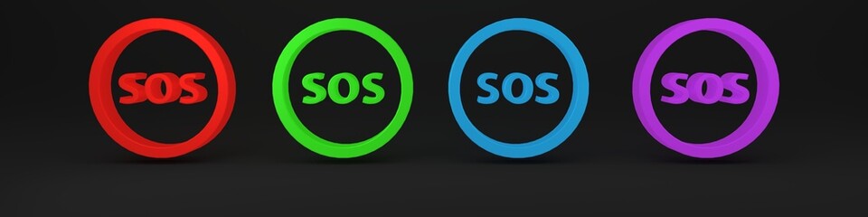 Colorful Location with SOS icon isolated on black background. SOS call marker. Map pointer sign. Minimalism concept. 3D render illustration