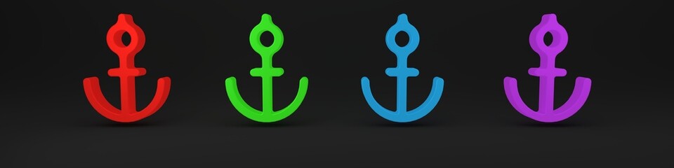 Colorful Anchor icon isolated on black background. Minimalism concept. 3D render illustration