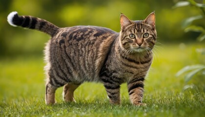A regal tabby American Bobtail cat poses elegantly in a garden, its fur blending with the greenery around it, showcasing the beauty of nature and feline grace