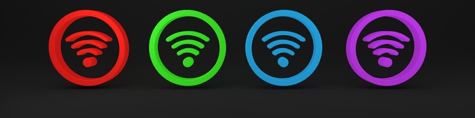 Colorful Wi-Fi wireless internet network symbol icon isolated on black background. Minimalism concept. 3D render illustration