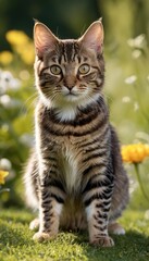 Obraz premium A beautiful tabby American Bobtail cat with striking green eyes sits attentively in a lush garden, surrounded by vibrant greenery, creating a serene and natural setting