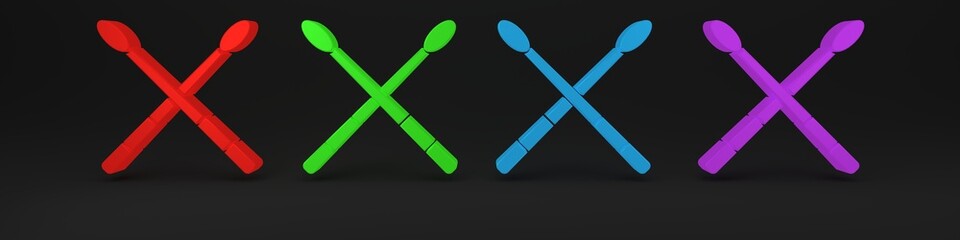 Colorful Drum sticks icon isolated on black background. Musical instrument. Minimalism concept. 3D render illustration