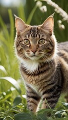 A beautiful tabby American Bobtail cat with striking green eyes sits attentively in a lush garden, surrounded by vibrant greenery, creating a serene and natural setting