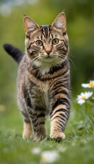 A beautiful tabby American Bobtail cat with striking green eyes sits attentively in a lush garden, surrounded by vibrant greenery, creating a serene and natural setting