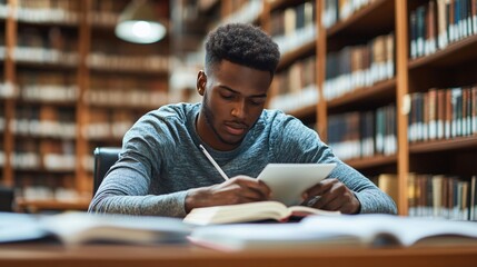 Focused Young Man Studying at Table in Library
