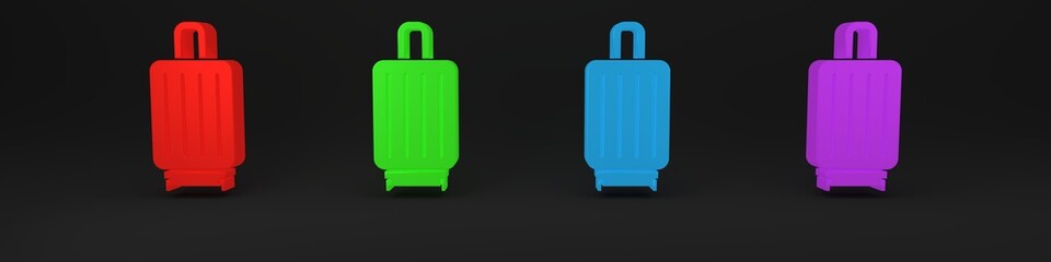 Colorful Suitcase for travel icon isolated on black background. Traveling baggage sign. Travel luggage icon. Minimalism concept. 3D render illustration