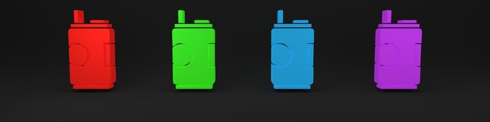 Colorful Soda can icon isolated on black background. Minimalism concept. 3D render illustration