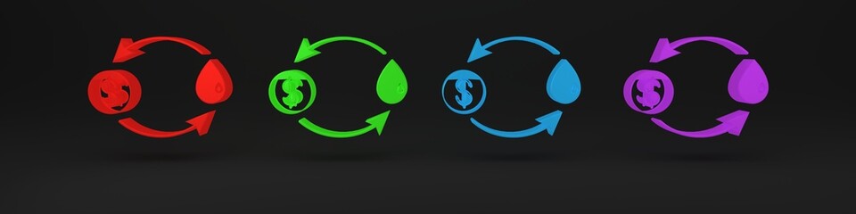 Colorful Oil exchange, water transfer, convert icon isolated on black background. Minimalism concept. 3D render illustration