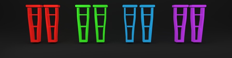 Colorful Crutch or crutches icon isolated on black background. Equipment for rehabilitation of people with diseases of musculoskeletal system. Minimalism concept. 3D render illustration