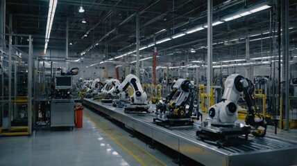 Fototapeta premium Ai robots working in a factory or warehouse with industrial equipment and machinery