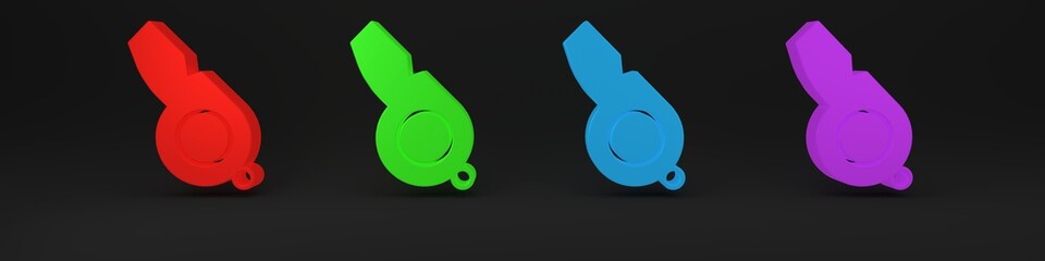 Colorful Whistle icon isolated on black background. Referee symbol. Fitness and sport sign. Minimalism concept. 3D render illustration