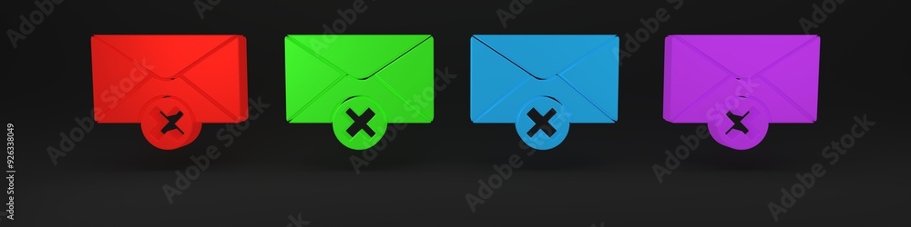 Poster colorful delete envelope icon isolated on black background. delete or error letter. cross on message