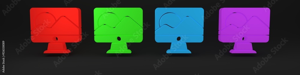 Poster colorful computer monitor screen icon isolated on black background. electronic device. front view. m