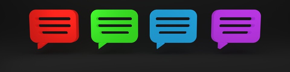 Colorful Speech bubble chat icon isolated on black background. Message icon. Communication or comment chat symbol. Minimalism concept. 3D render illustration