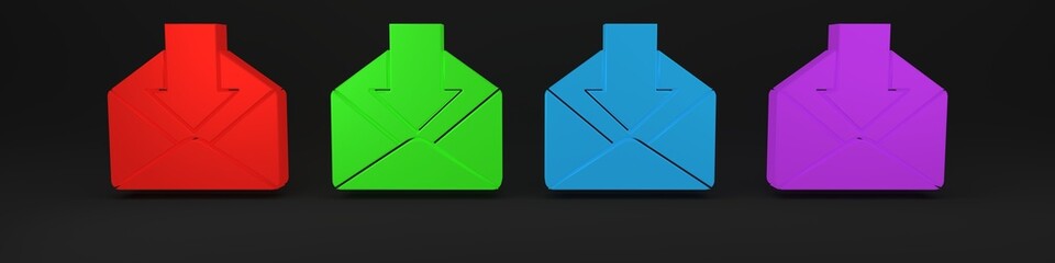 Colorful Envelope icon isolated on black background. Received message concept. New, email incoming message, sms. Mail delivery service. Minimalism concept. 3D render illustration