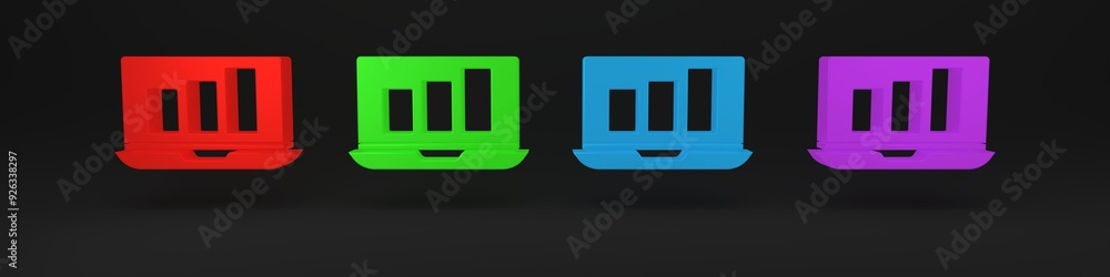 Poster colorful laptop with graph chart icon isolated on black background. report text file icon. accountin