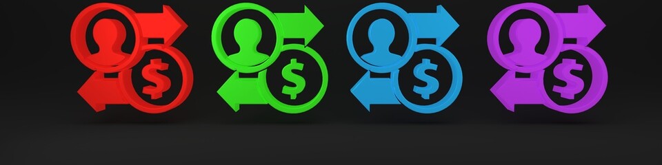 Colorful Job promotion exchange money icon isolated on black background. Success, achievement, motivation business symbol, growth. Minimalism concept. 3D render illustration