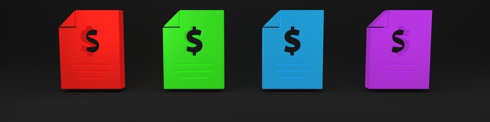 Obraz premium Colorful Contract money icon isolated on black background. Banking document dollar file finance money page. Minimalism concept. 3D render illustration