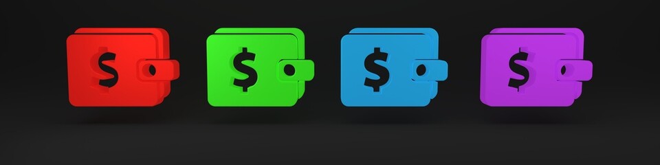 Colorful Wallet with dollar symbol icon isolated on black background. Purse icon. Cash savings symbol. Minimalism concept. 3D render illustration