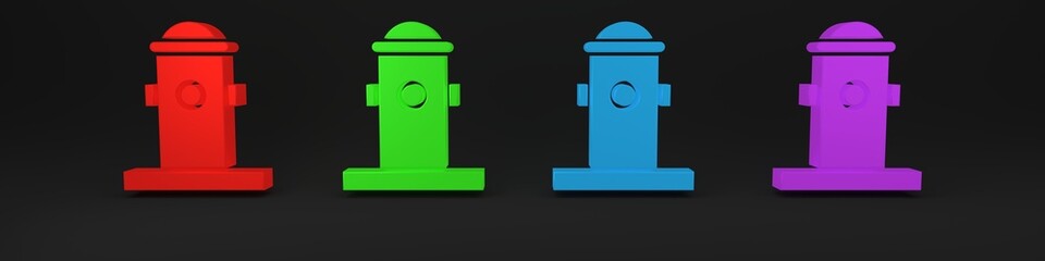 Colorful Fire hydrant icon isolated on black background. Minimalism concept. 3D render illustration