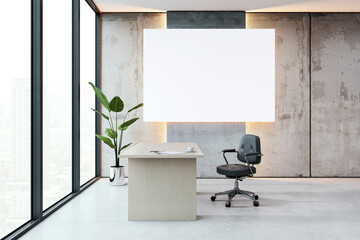 Modern office interior with blank poster on wall. 3D Rendering
