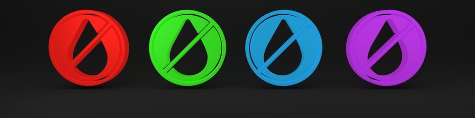 Colorful Water drop forbidden icon isolated on black background. No water sign. Minimalism concept. 3D render illustration