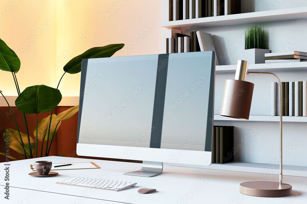 Poster modern home office desk with computer and lamp. 3d rendering