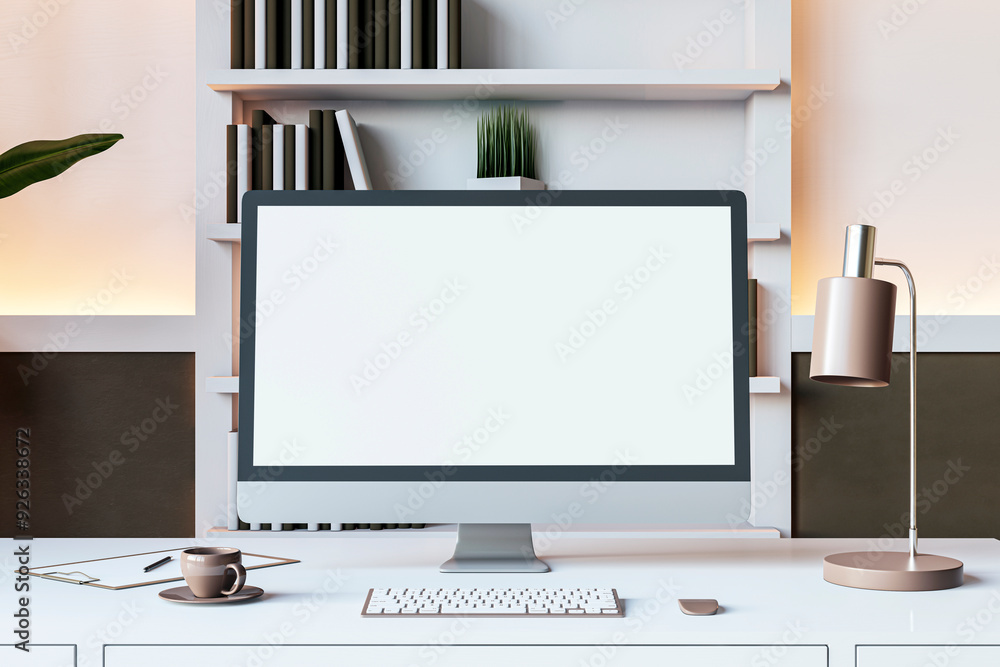 Poster Modern desk with desktop computer and lamp in cozy home office. 3D Rendering