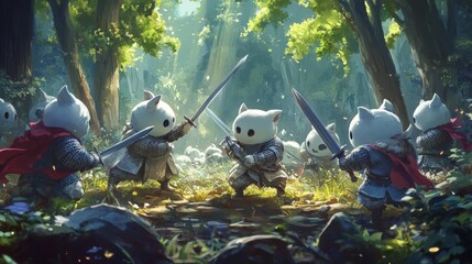 A group of adorable monsters dressed as medieval knights, practicing sword fighting in a lush forest