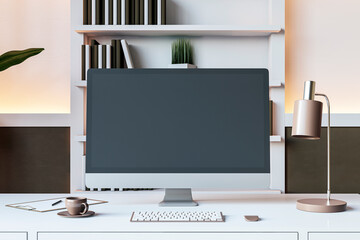 Modern desk setup with desktop computer and office supplies. 3D Rendering