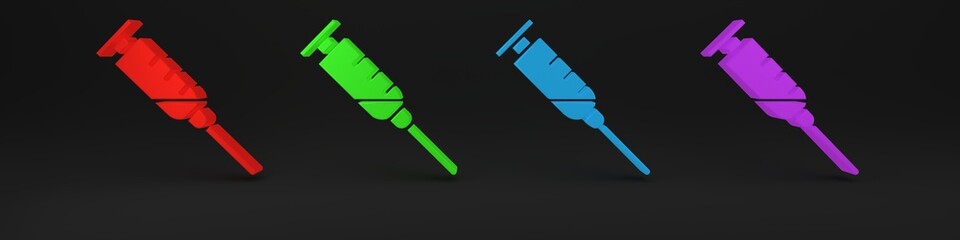 Colorful Syringe icon isolated on black background. Syringe for vaccine, vaccination, injection, flu shot. Medical equipment. Minimalism concept. 3D render illustration