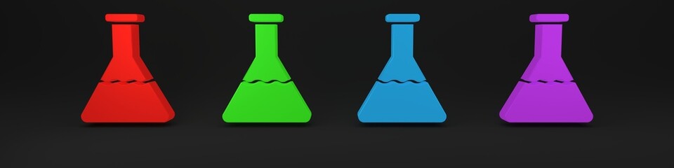 Colorful Test tube and flask chemical laboratory test icon isolated on black background. Laboratory glassware sign. Minimalism concept. 3D render illustration