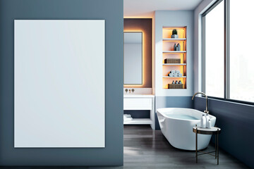 Modern bathroom interior with large framed poster on wall. 3D Rendering